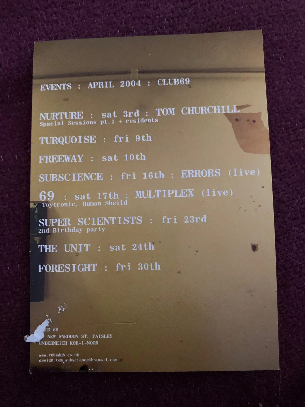 Club 69 Events Schedule - April 2004